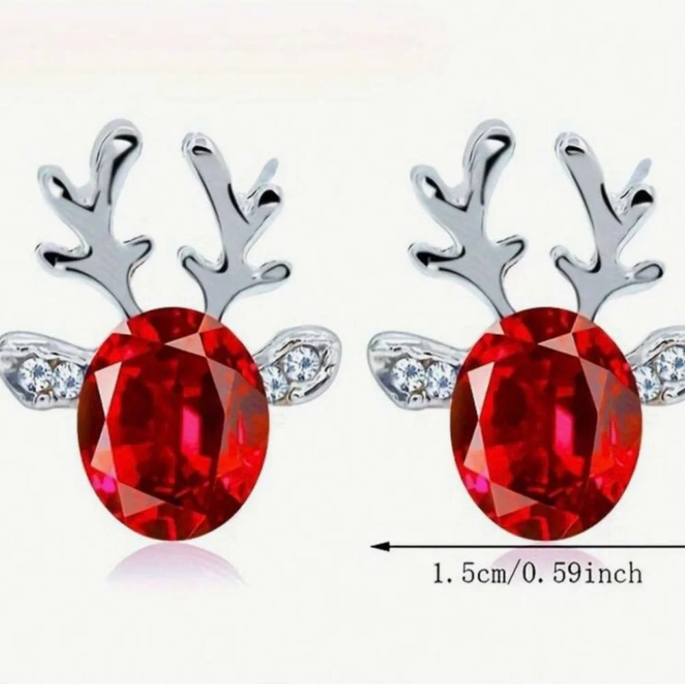 Silver & Red Crystal Reindeer Stud Earrings
